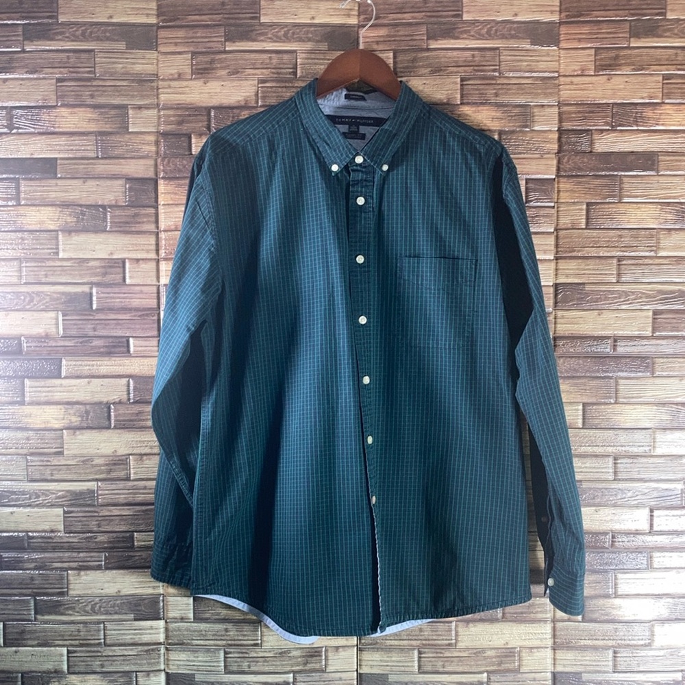 Mens XL EUC Tommy Hilfiger Blue Green Plaid Button Down Classic Fit Shirt